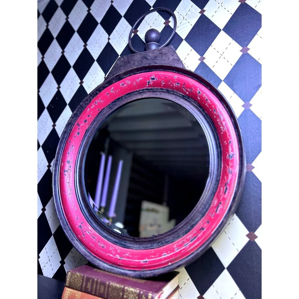 Oversized Industrial Round Mirror Distressed Berry Metal Wall Accent 24